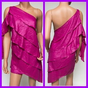 BCBGMAXAZRIA PINK FLAIR ONE SHOULDER TIERED DRESS… S